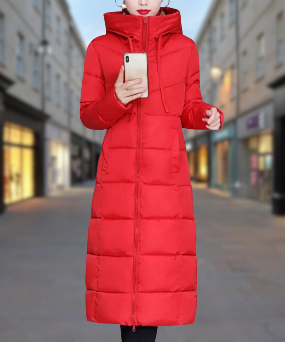 Women's Long Puffer Coat - Quilted Insulated Design - High Collar - Full Zip