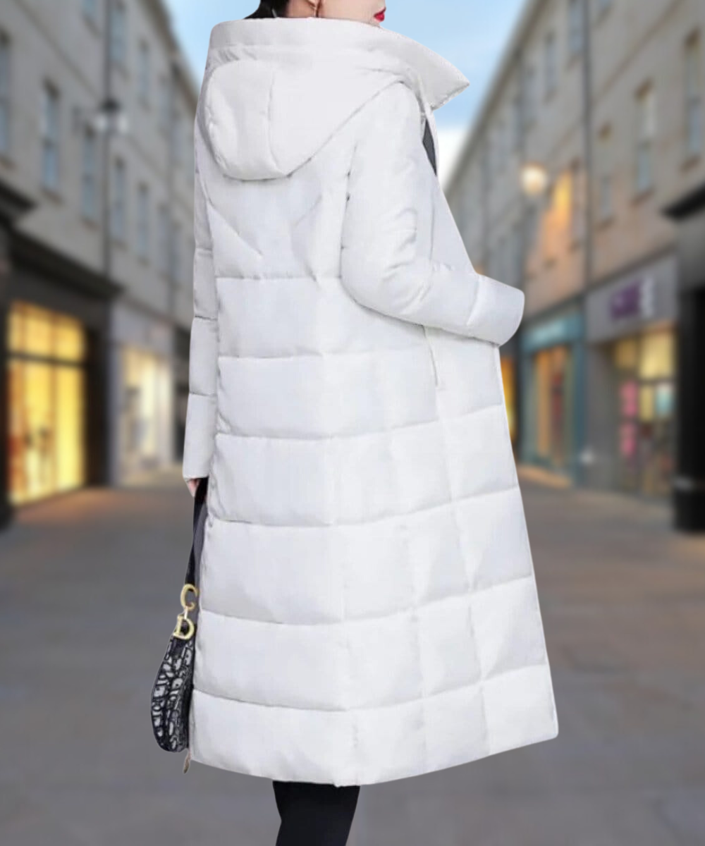 Women's Long Puffer Coat - Quilted Insulated Design - High Collar - Full Zip