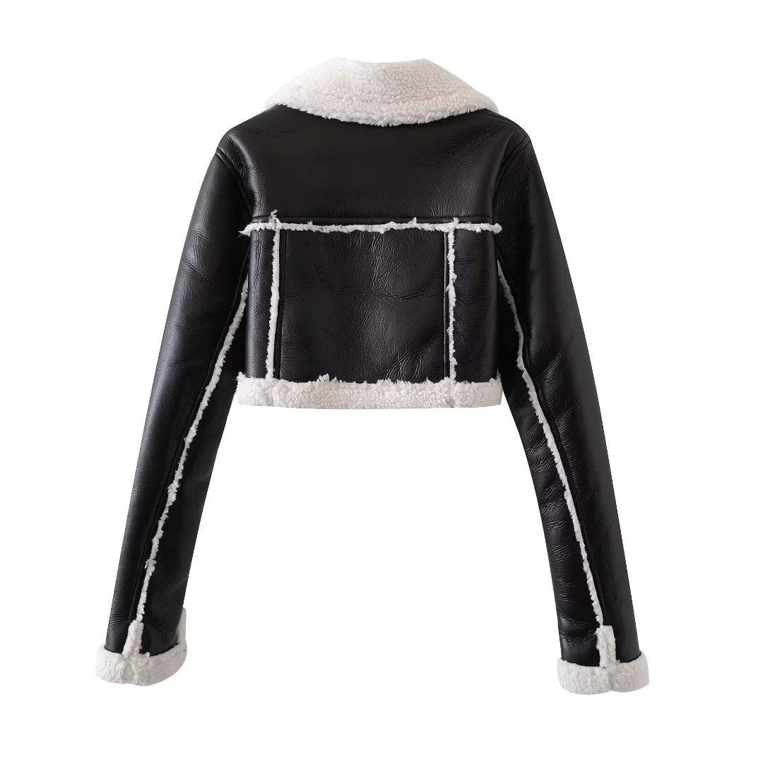 Women's Cropped Shearling Jacket - Leather Look - Oversized Collar - Zip Closure
