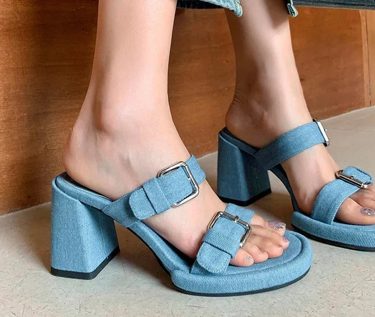 Square high heels with buckle