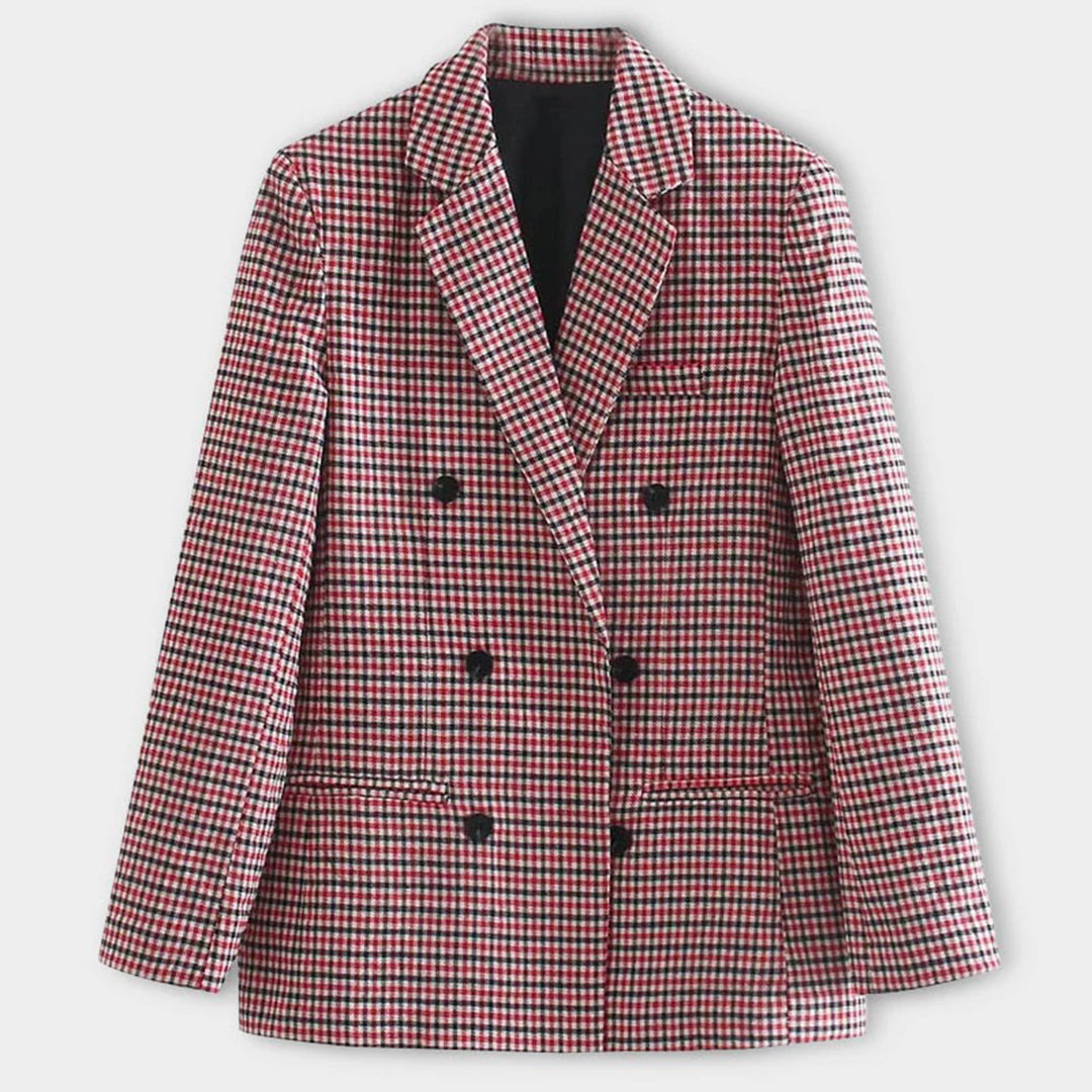 Women's Double-Breasted Blazer - Gingham Pattern - Tailored Fit - Wide Lapels - Elegant Formal Wear