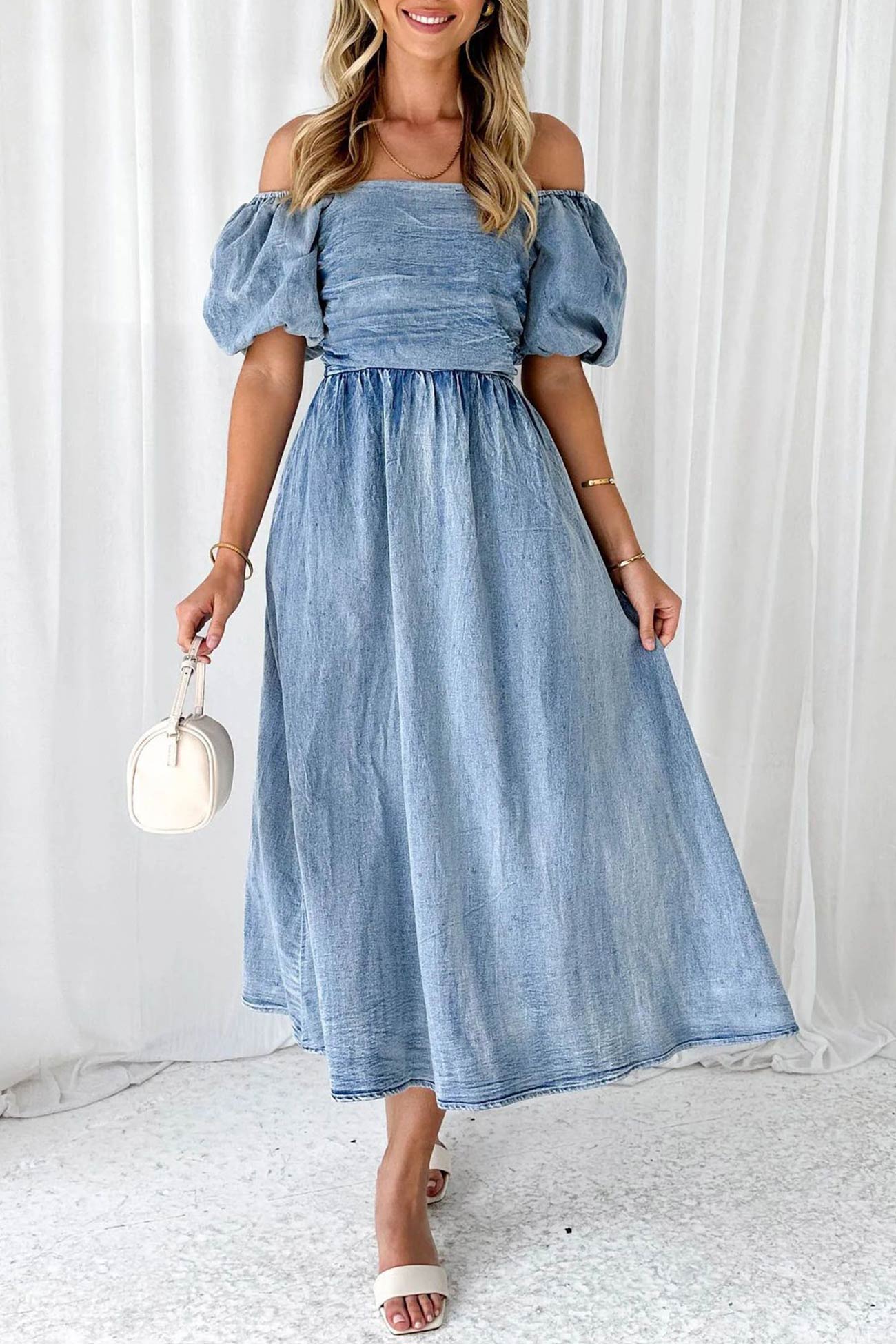 Allison - puff sleeve smocked denim dress