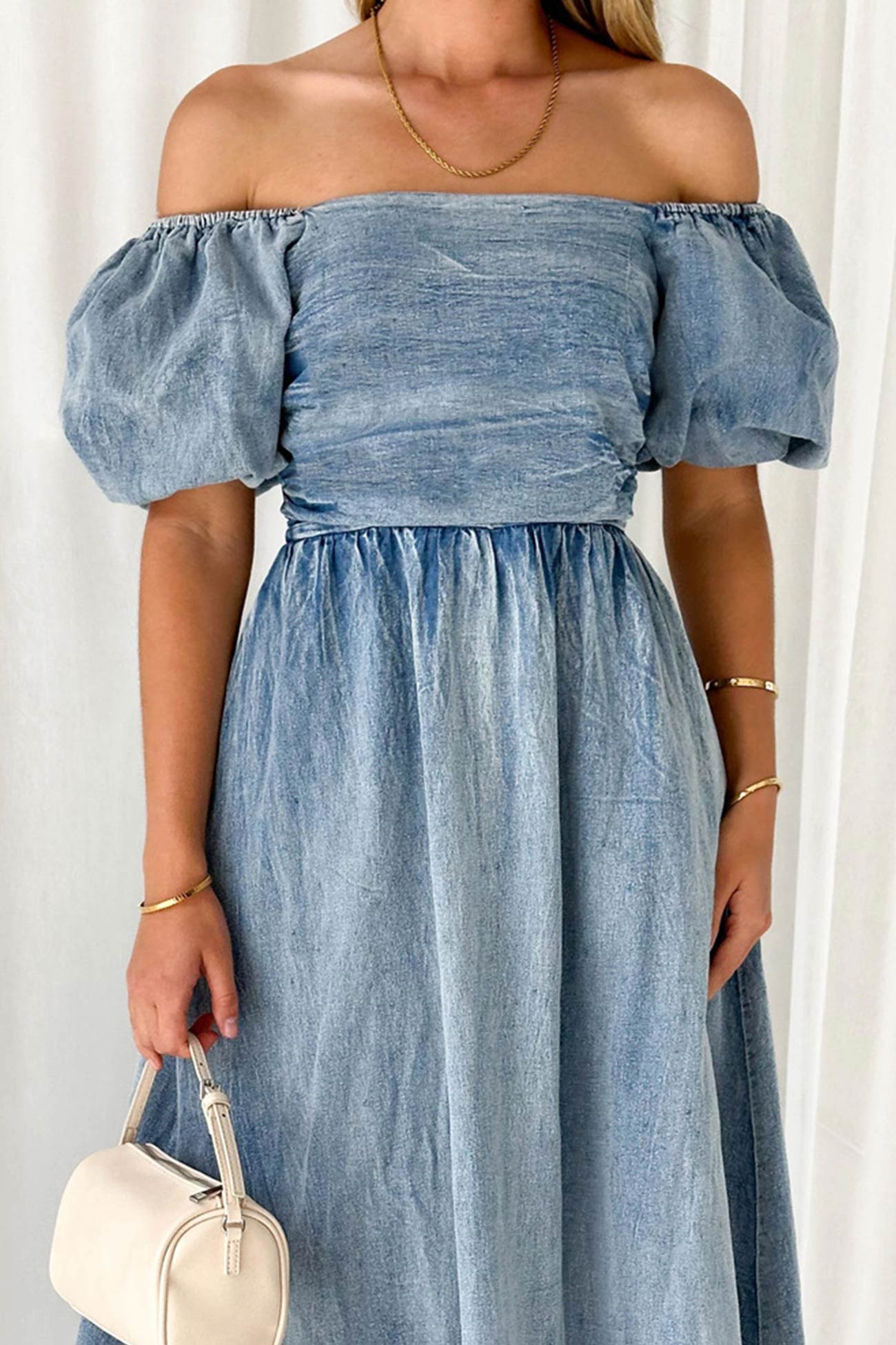 Allison - puff sleeve smocked denim dress