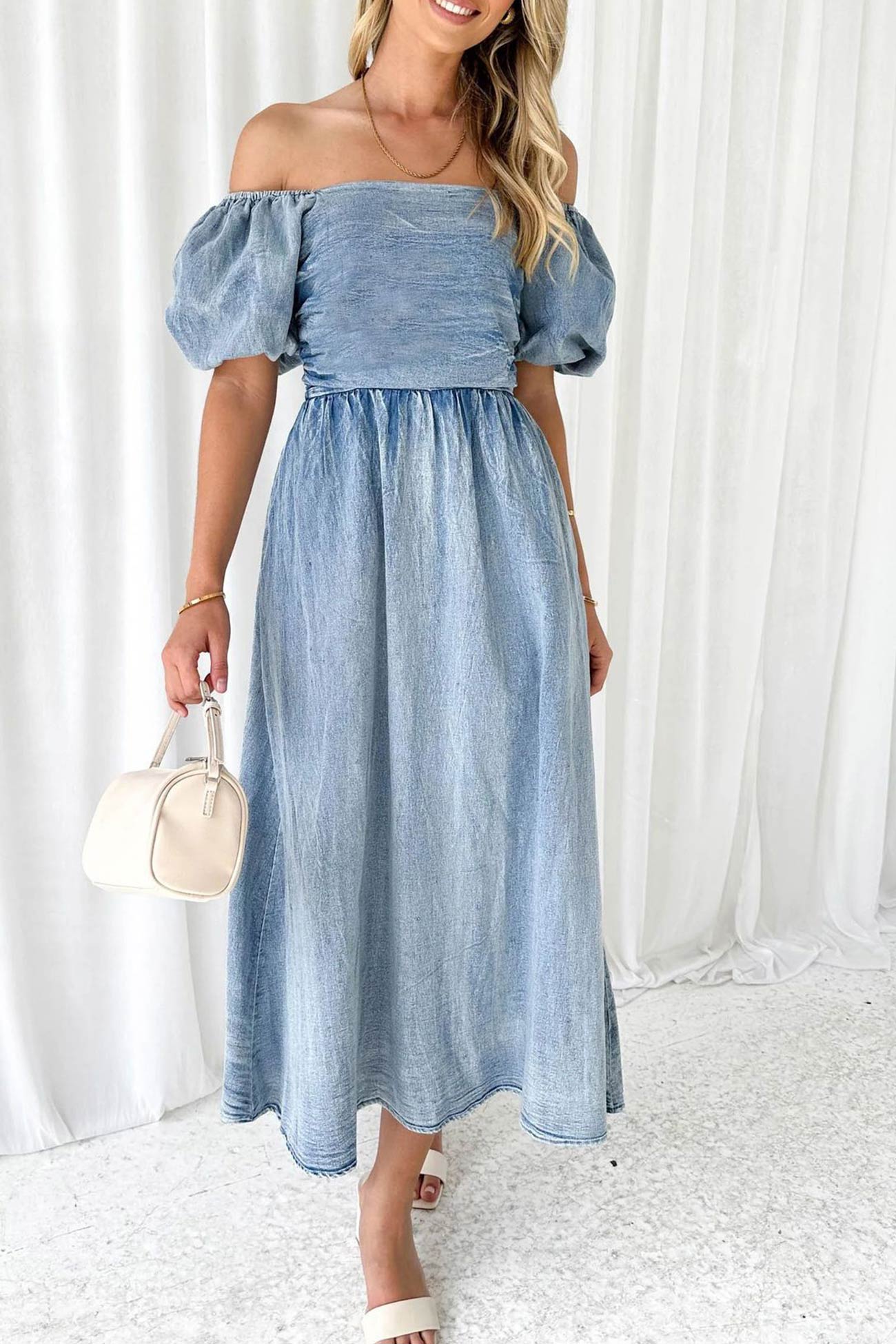 Allison - puff sleeve smocked denim dress