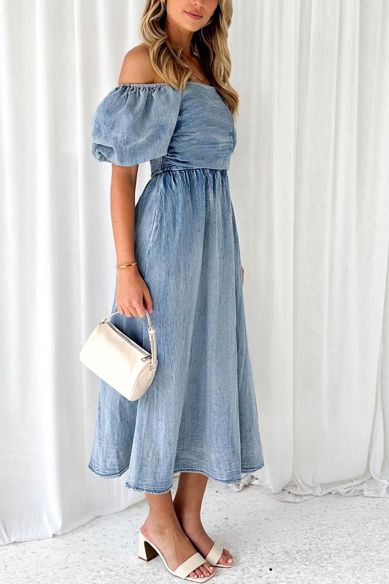 Allison - puff sleeve smocked denim dress