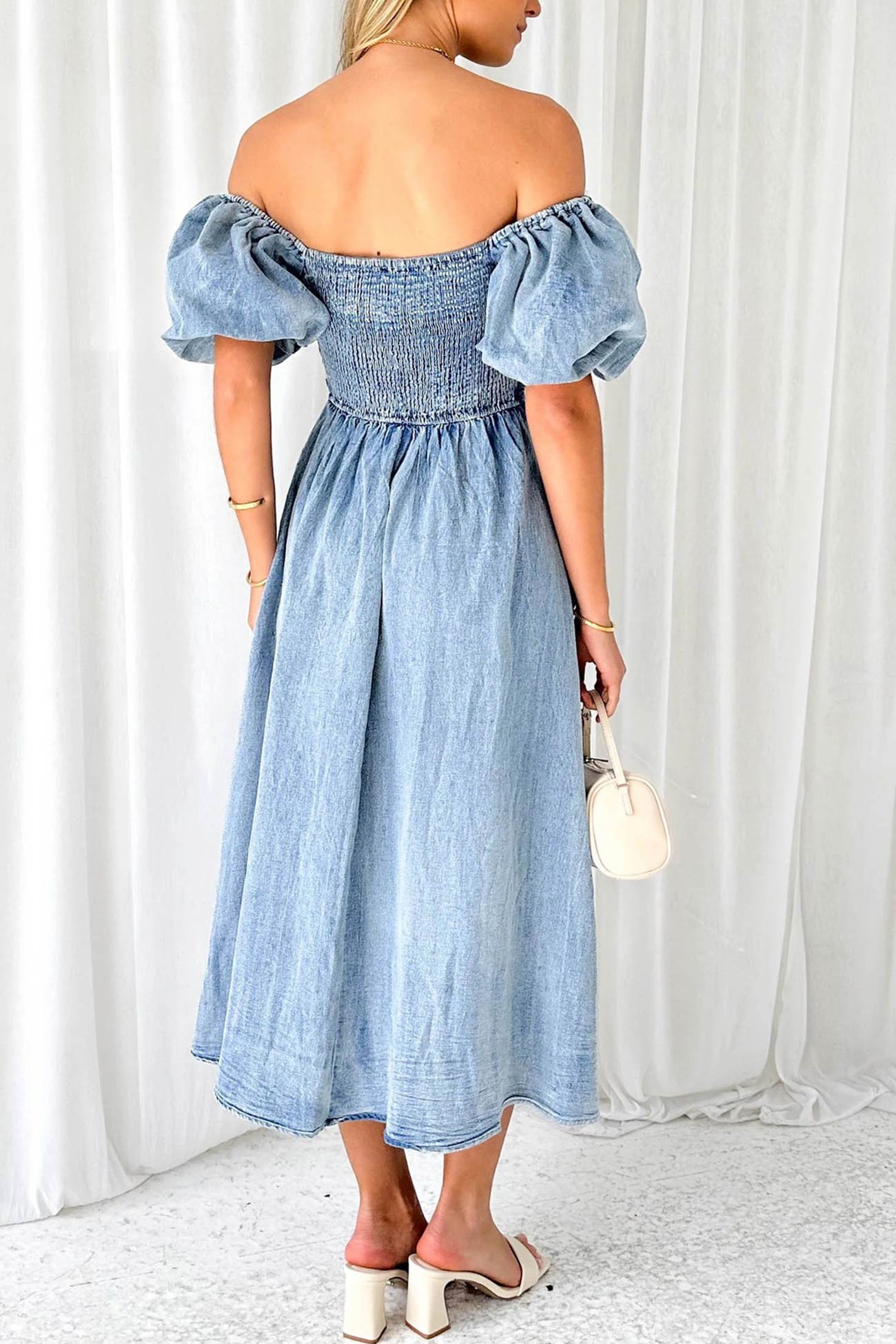 Allison - puff sleeve smocked denim dress