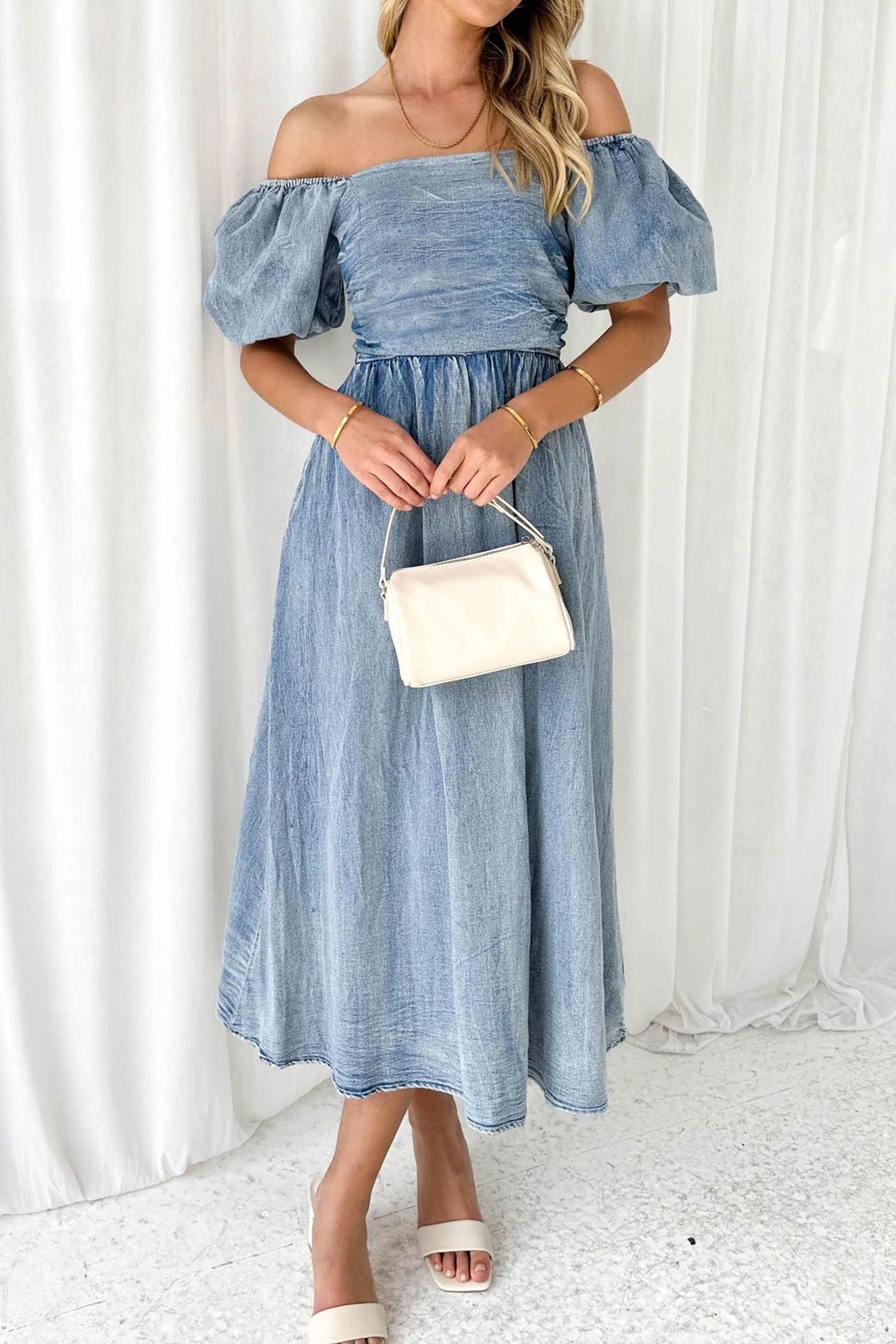 Allison - puff sleeve smocked denim dress