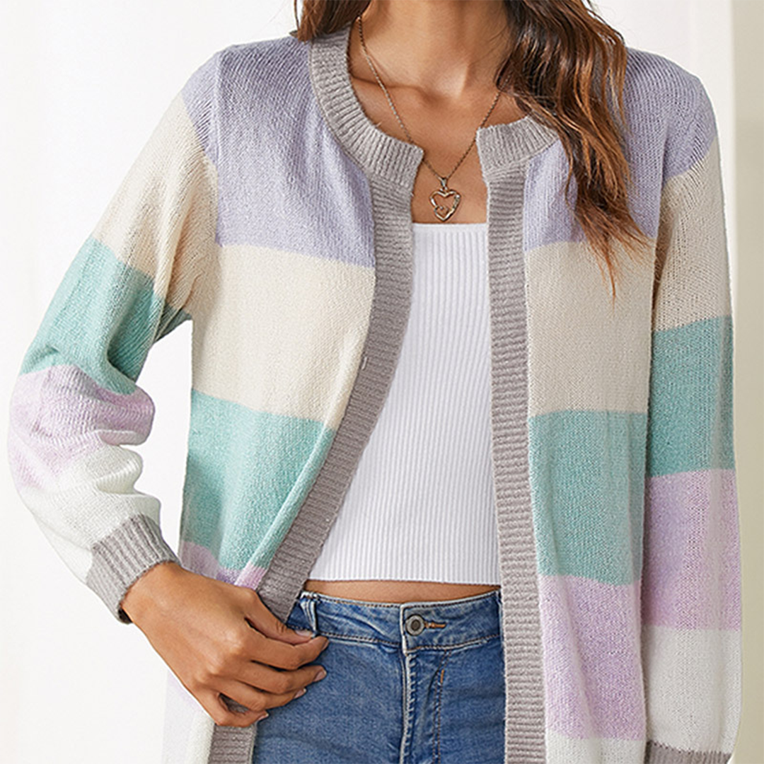 Women's Cardigan - Block Pattern - Ribbed Trim - Long Sleeve - Soft Knit Casual Layering