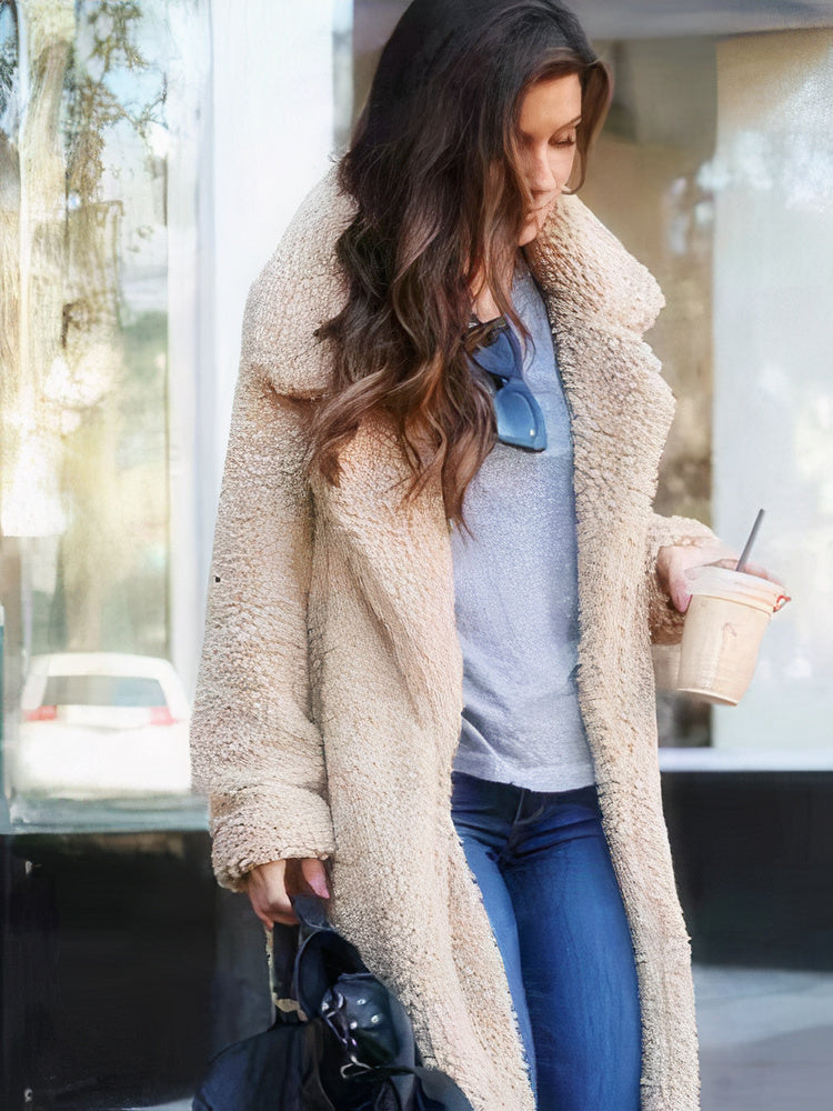 Women's Shearling Coat - Wide Lapel - Open Front - Soft Textured Warm Outerwear