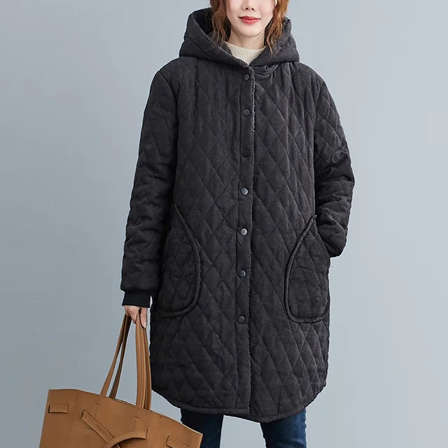Women's Quilted Hooded Coat - Knee Length - Button Closure - Warm & Stylish