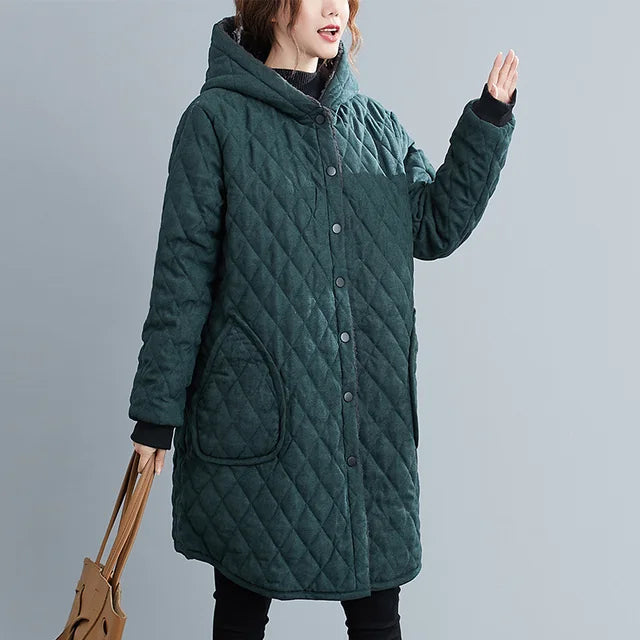 Women's Quilted Hooded Coat - Knee Length - Button Closure - Warm & Stylish