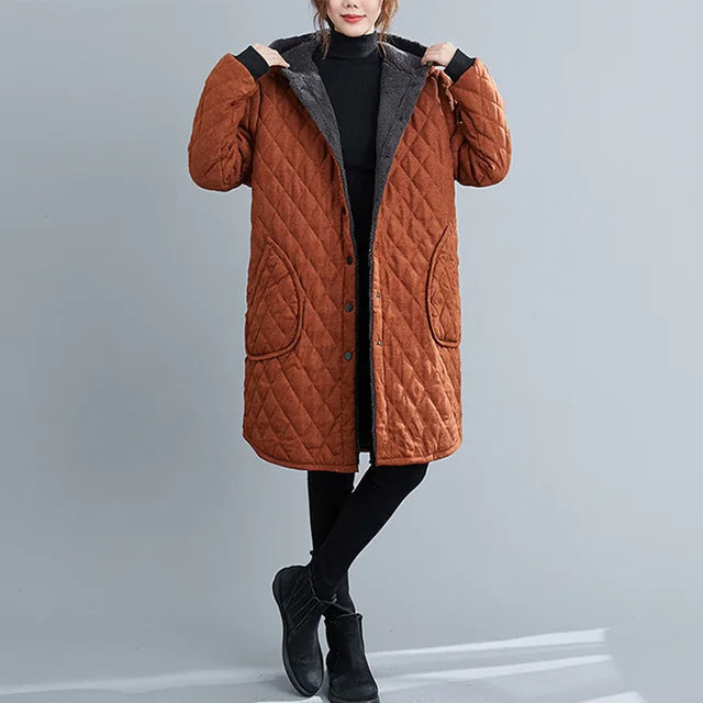 Women's Quilted Hooded Coat - Knee Length - Button Closure - Warm & Stylish