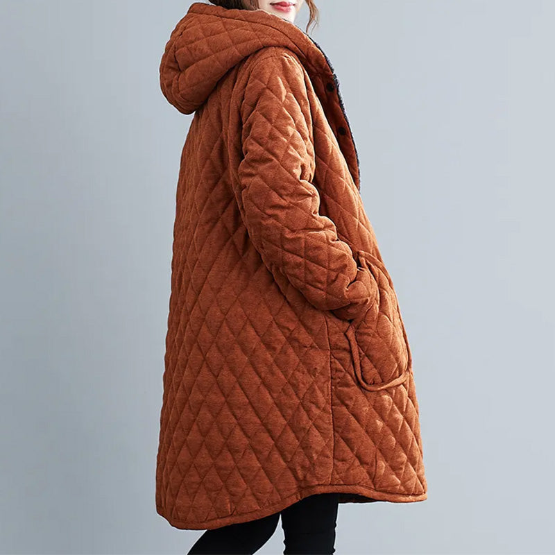 Women's Quilted Hooded Coat - Knee Length - Button Closure - Warm & Stylish