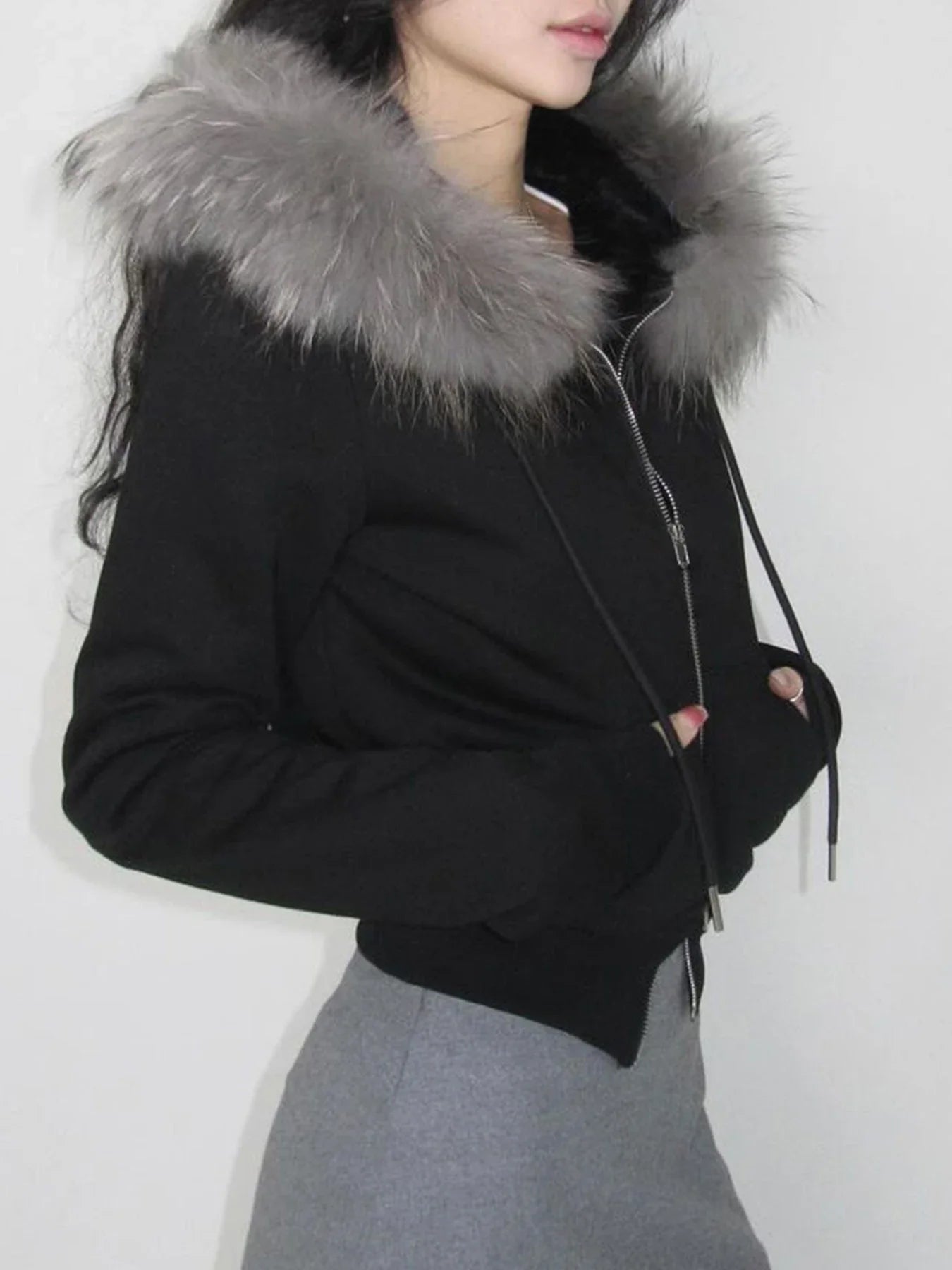 Women's Faux Fur Patchwork Hooded Jacket with Letter Embroidery and Zipper