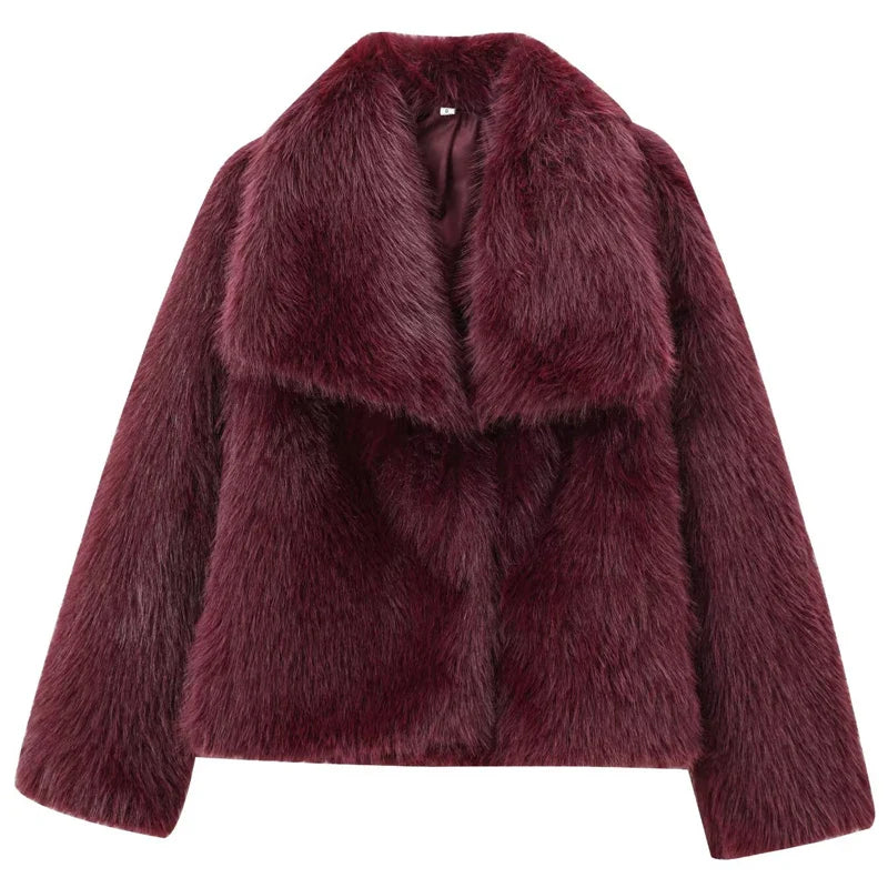 Women’s Plush Faux Fur Crop Jacket - Long Sleeve Stylish Coat