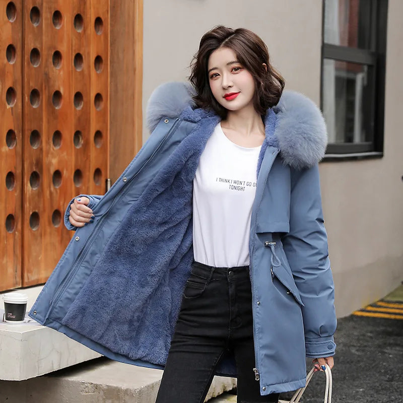 Women's Long Hooded Parka Coat with Wool Lining and Fur Collar - Various Colors