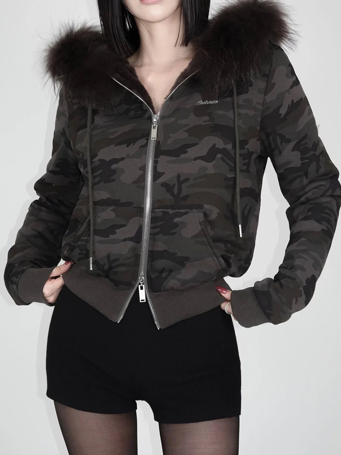 Women's Faux Fur Patchwork Hooded Jacket with Letter Embroidery and Zipper