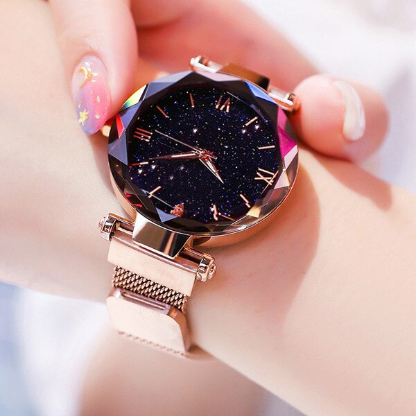 Luminous Starry Sky: Ladies Fashion Starry Sky Watches Magnetic Buckle Mesh Bracelet Diamond Quartz Watch Ladies Dress Watch