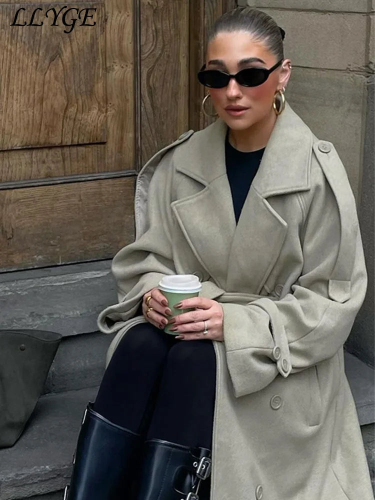 Women's Wool Overcoat with Belt - Elegant Street Style Lapel Design, Full Sleeve Long Coat