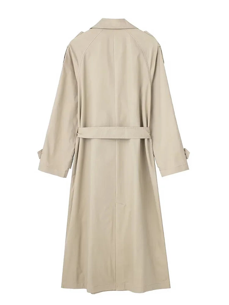 Women's Double-Breasted Trench Coat with Belt and Lapel Collar