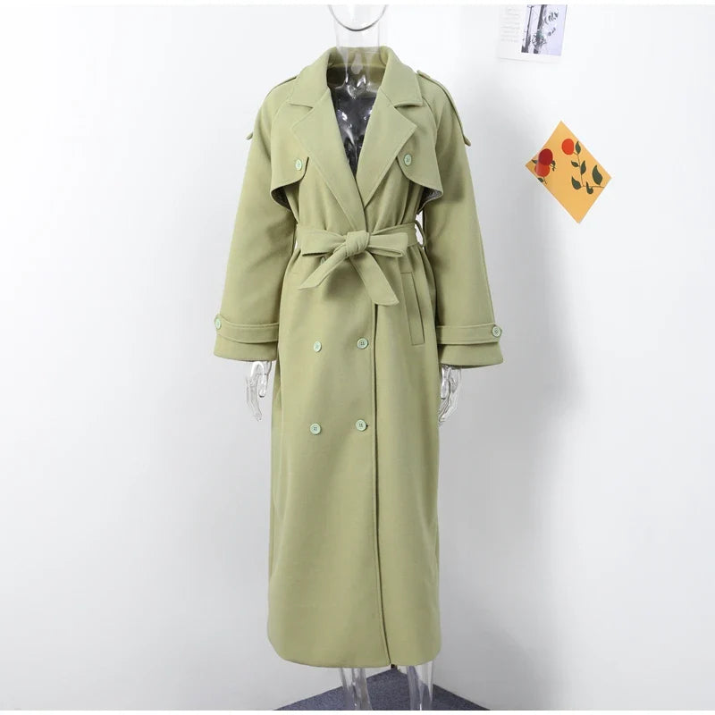 Women's Wool Overcoat with Belt - Elegant Street Style Lapel Design, Full Sleeve Long Coat