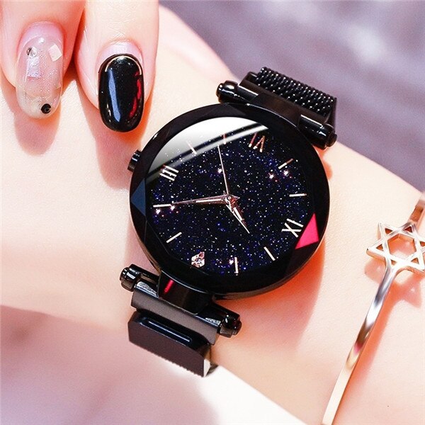 Luminous Starry Sky: Ladies Fashion Starry Sky Watches Magnetic Buckle Mesh Bracelet Diamond Quartz Watch Ladies Dress Watch