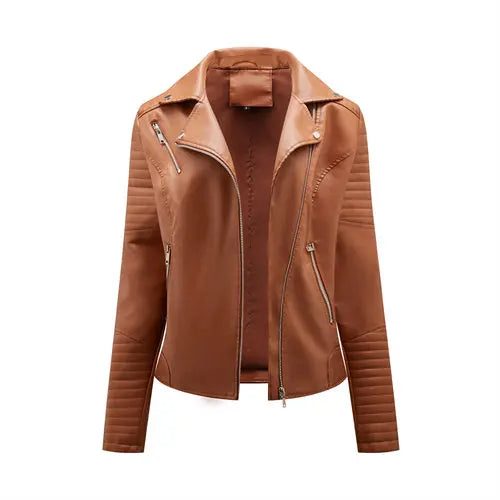 Women's Faux Leather Zipper Jacket with Front Pocket