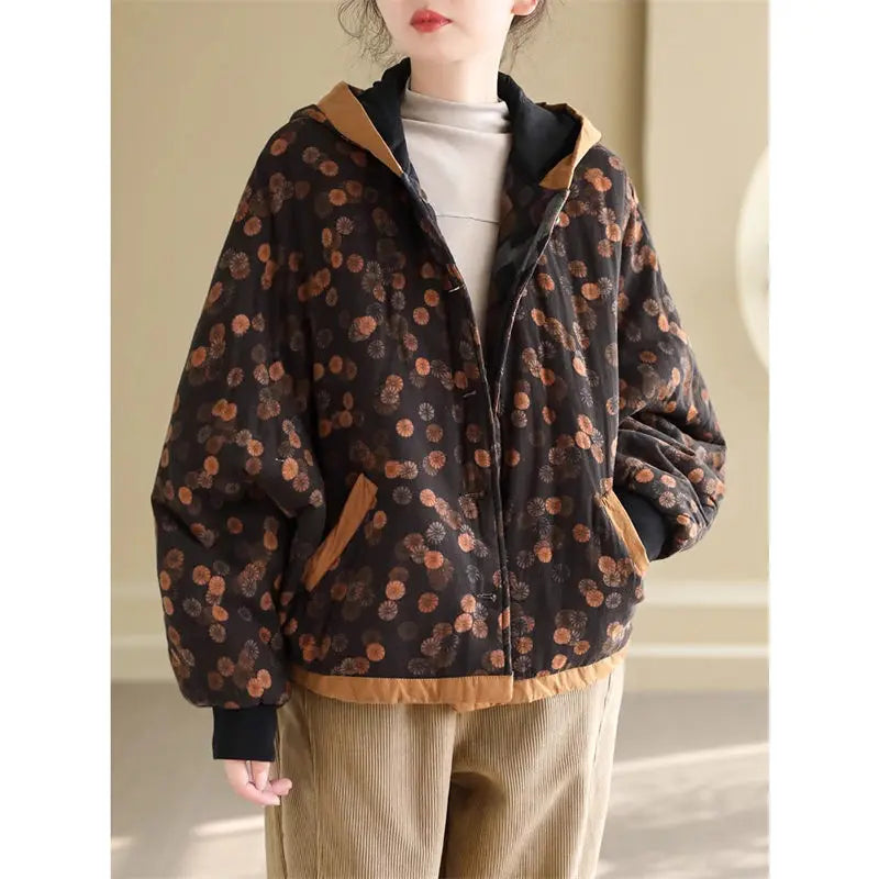 Women's Thick Quilted Cotton Jacket - Loose Fit, Retro Style, Hooded