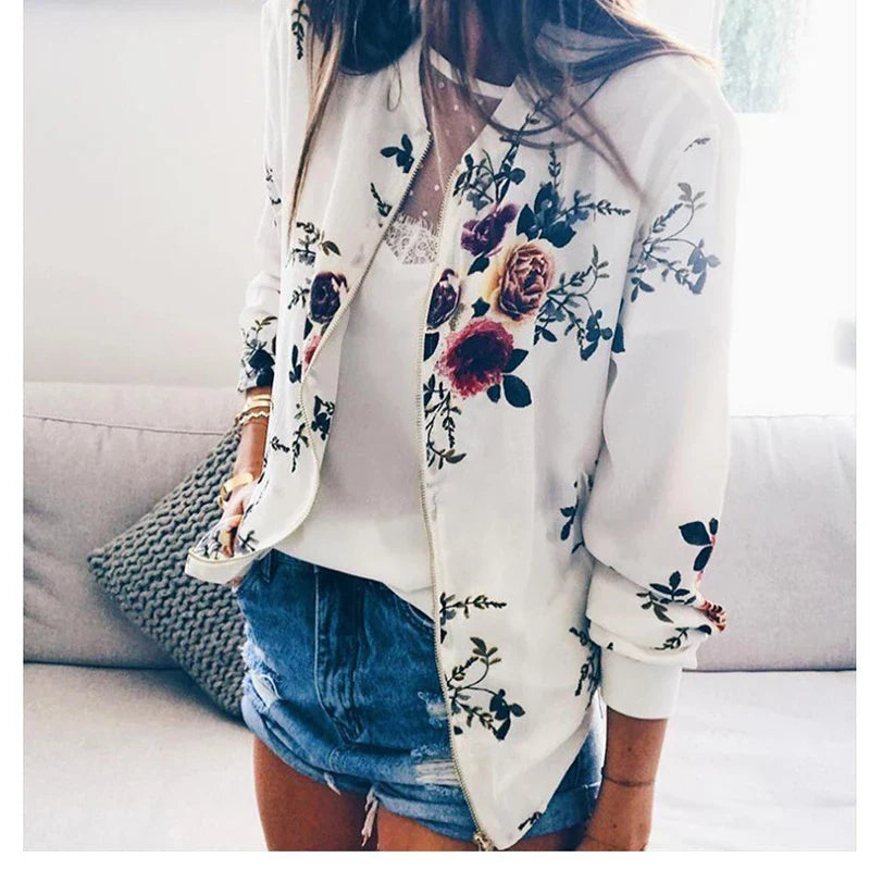 Women's Slim Floral Printed Zipper Jacket - Various Designs