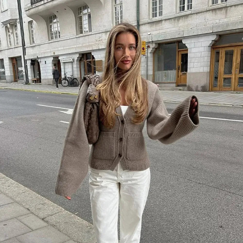 Women's Knitted Cardigan - Button-Up Front - Long Wide Sleeves - Cropped Fit - Front Pockets
