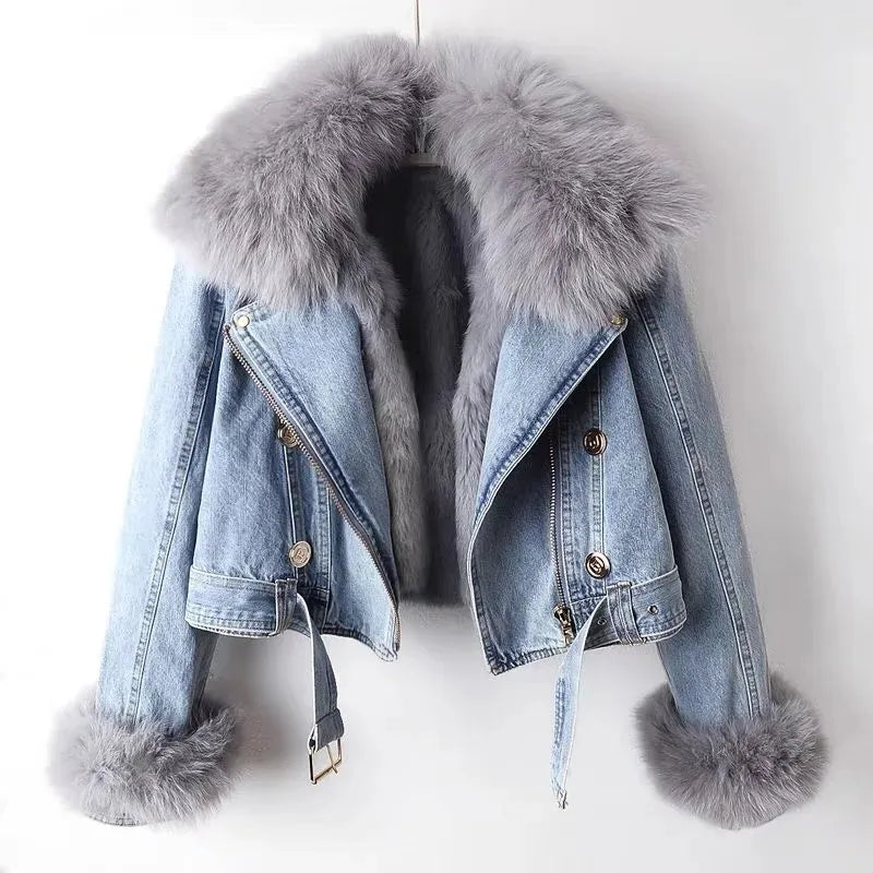 Women's Denim Jacket - Biker Style - Faux Fur Collar & Cuffs - Asymmetrical Zip