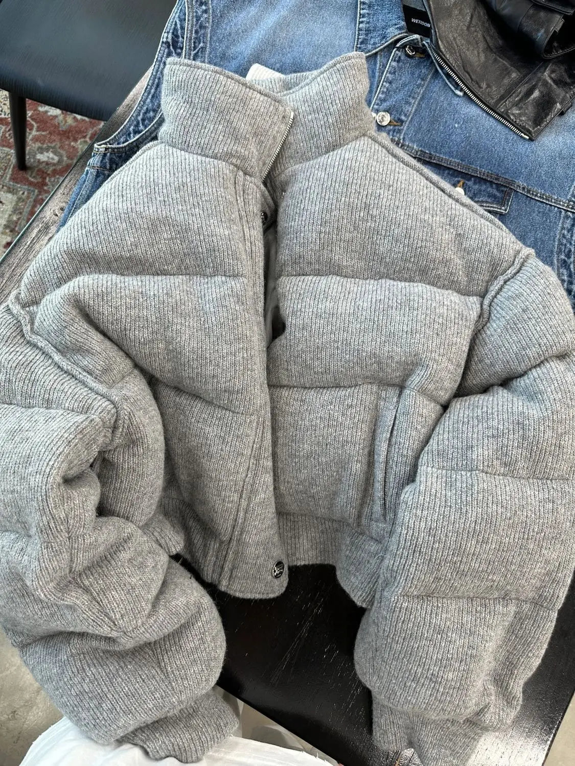 Women's Loose-Fit Thickened Grey Cotton Parka Jacket with Stand Collar