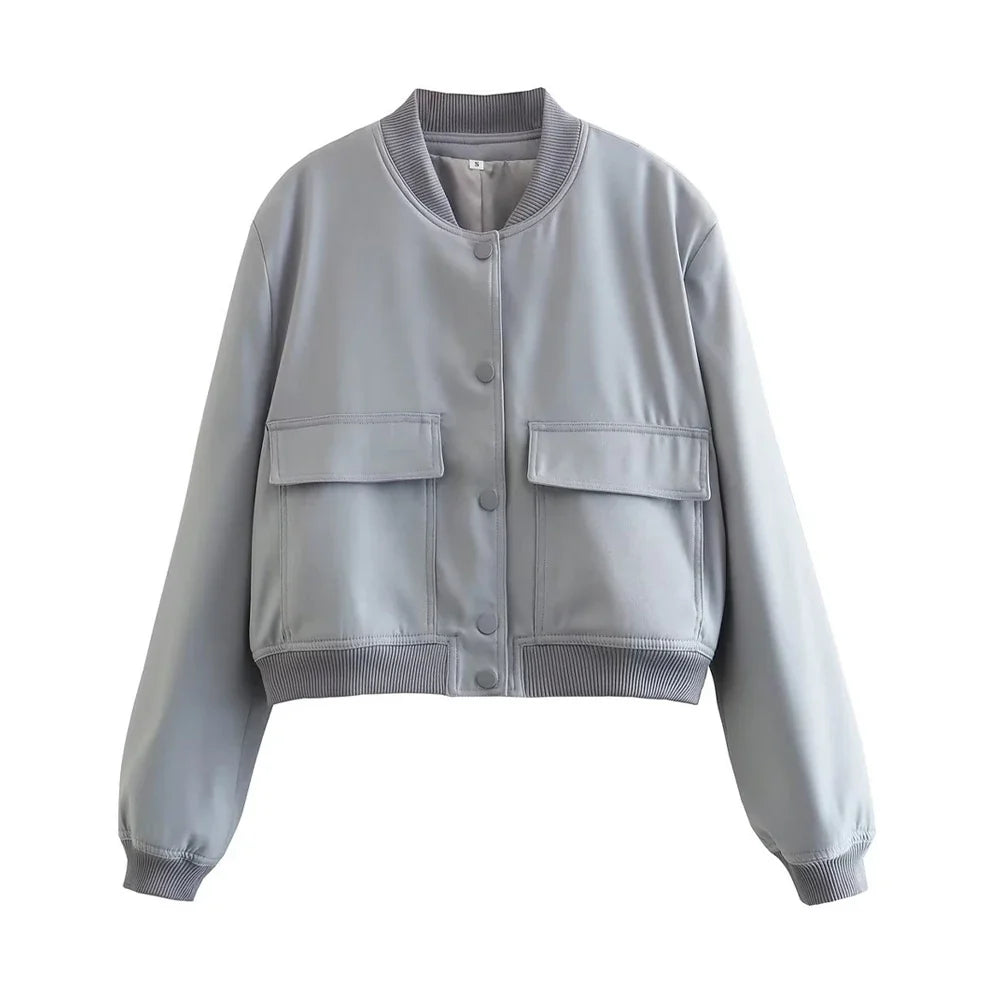 TRAF Long Sleeve Women's Front Button Jacket with Vintage Style and Pockets