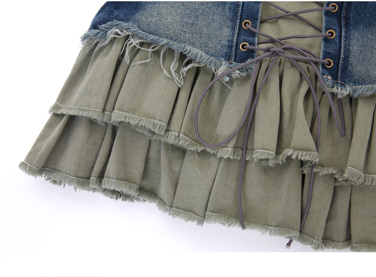 Vintage Denim Skirt With Ruffles