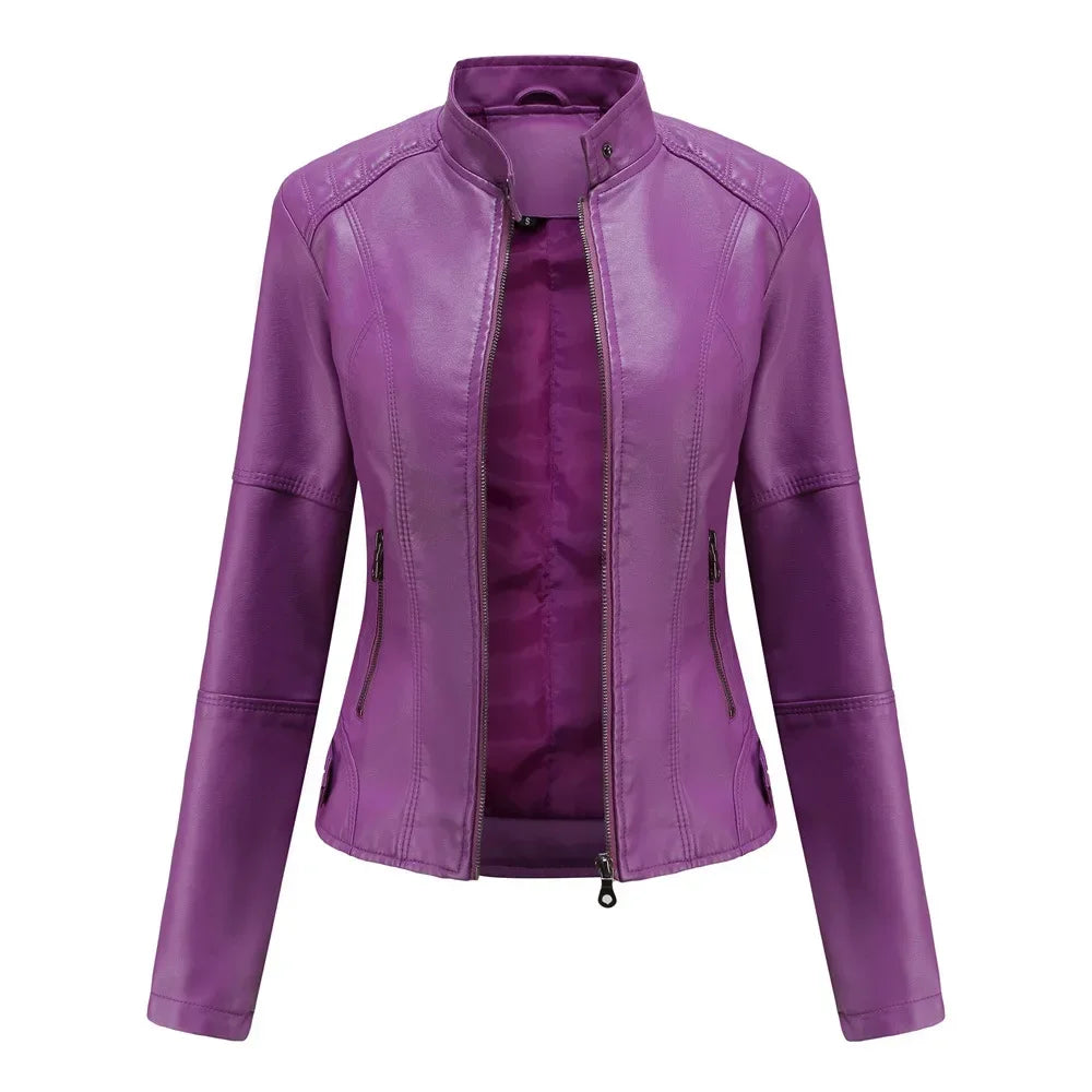Women’s Stand Collar Faux Leather Jacket - Various Colors