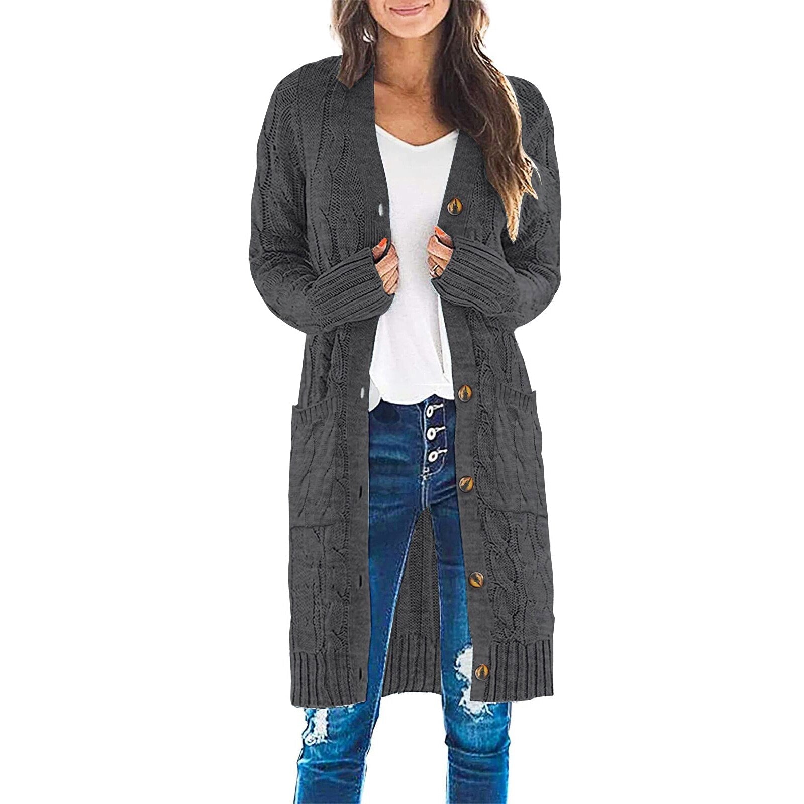 Casual long sleeve knitted coat - women's cardigan with pockets for spring and autumn