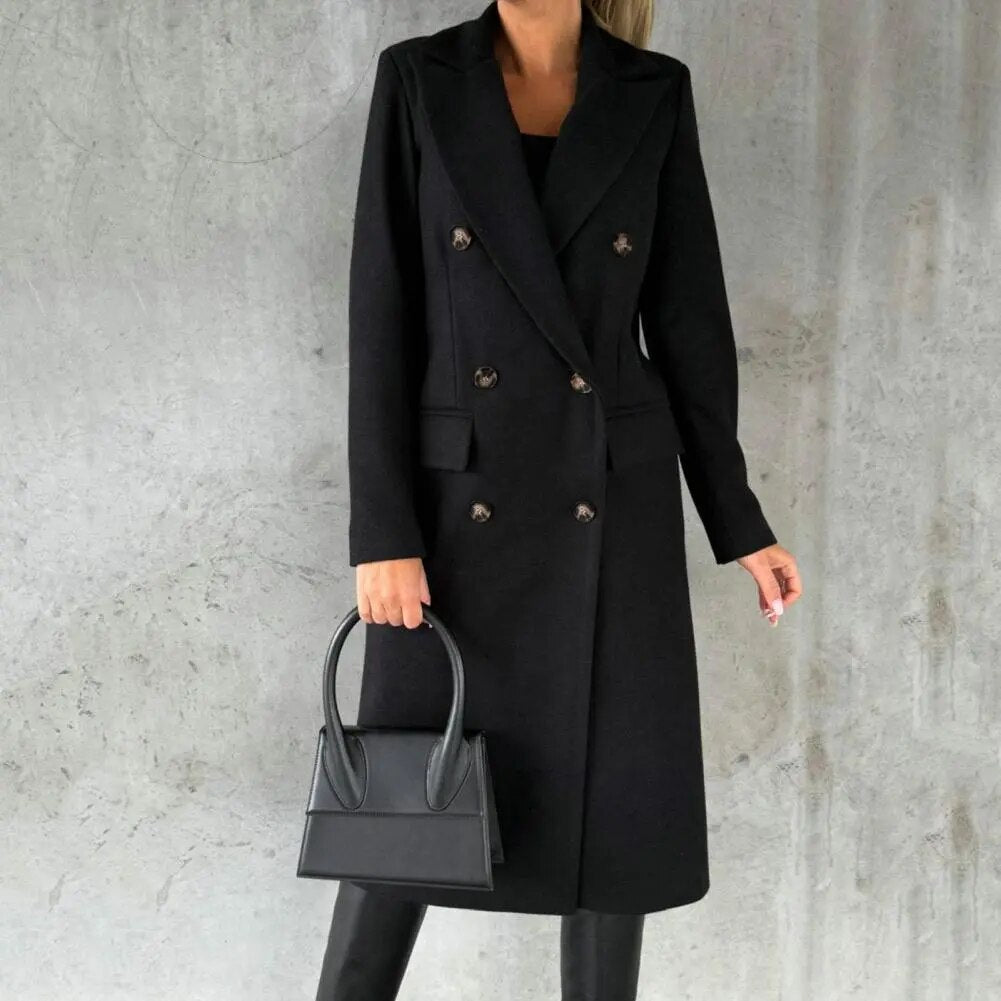 Women's Long Coat - Double Breasted - Tailored Fit - Notched Lapels - Formal Elegant Wear