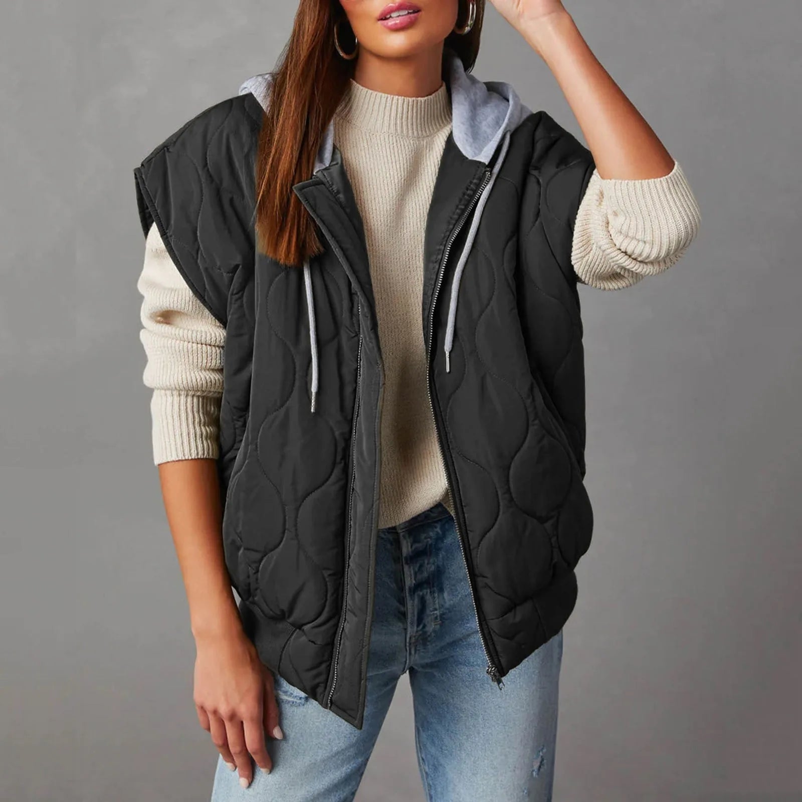 Women's Quilted Hooded Vest with Pockets