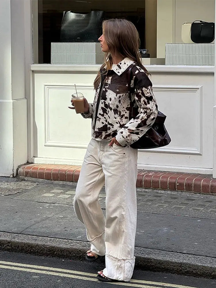 Chic lapel printed jacket for women
