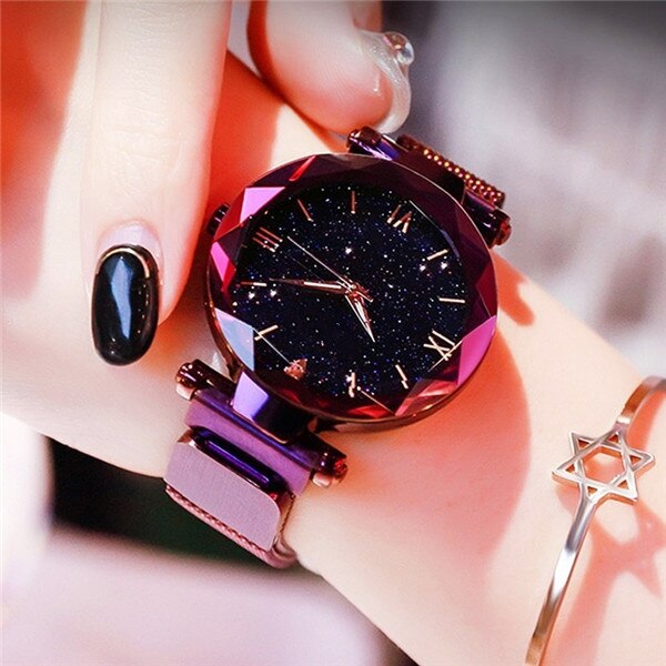 Luminous Starry Sky: Ladies Fashion Starry Sky Watches Magnetic Buckle Mesh Bracelet Diamond Quartz Watch Ladies Dress Watch