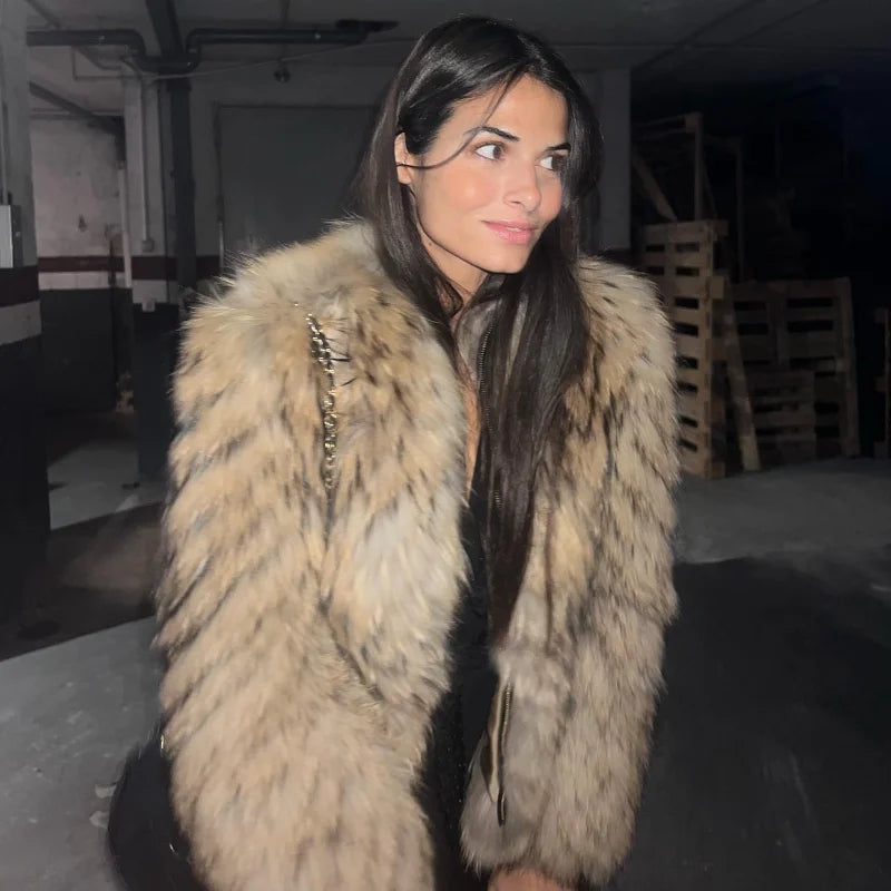 Women's Elegant Long Sleeve Furry Faux Fur Coat with Round Neck