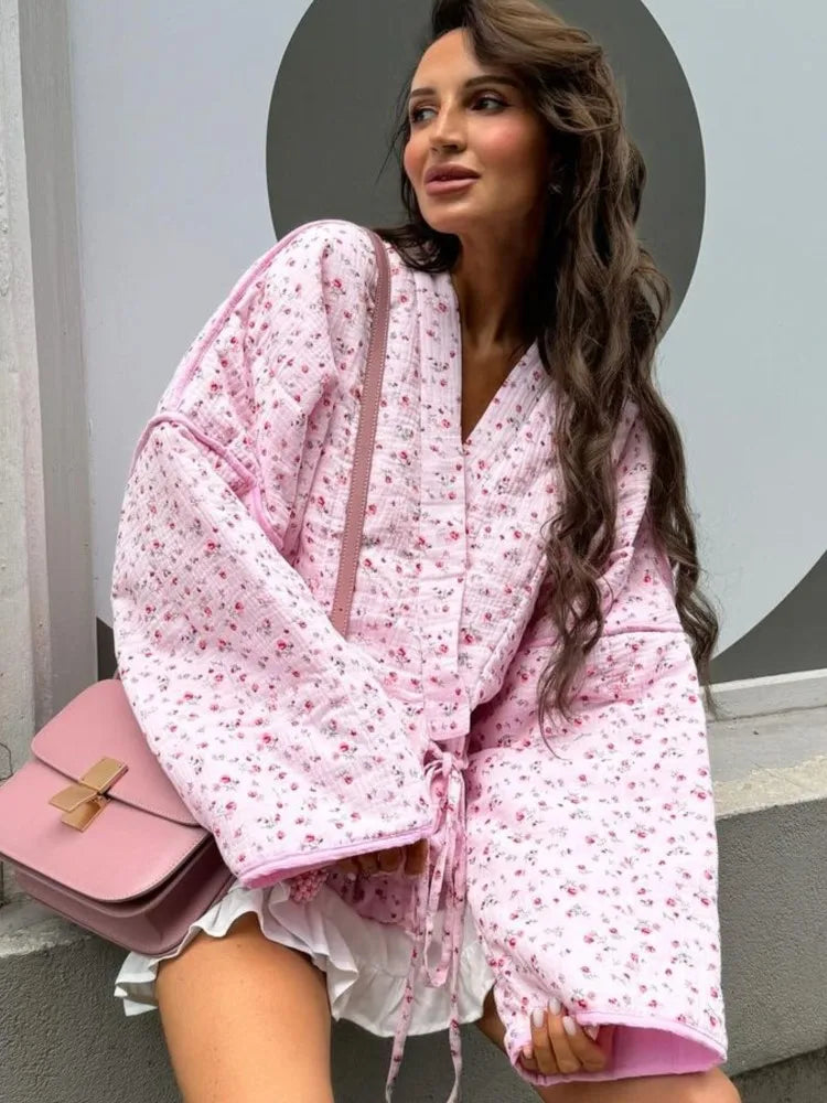Floral Print Loose-Fit Pink Lace-Up Jacket for Women