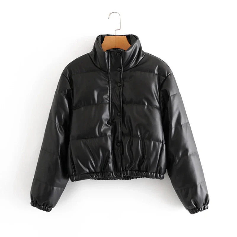 Women's Short PU Leather Parka -  Cotton Padded Down Jacket