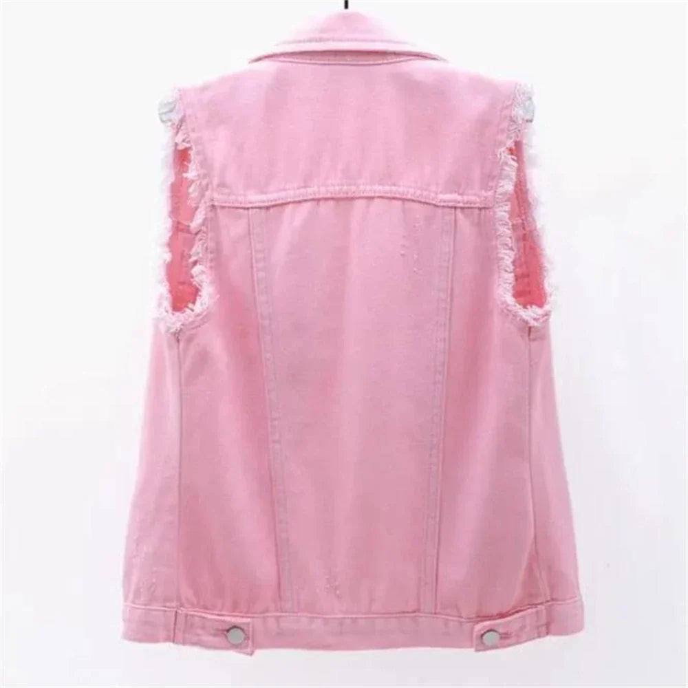 Women's Denim Vest - Sleeveless Frayed Edge - Button-Up - Classic Collar - Casual Fit
