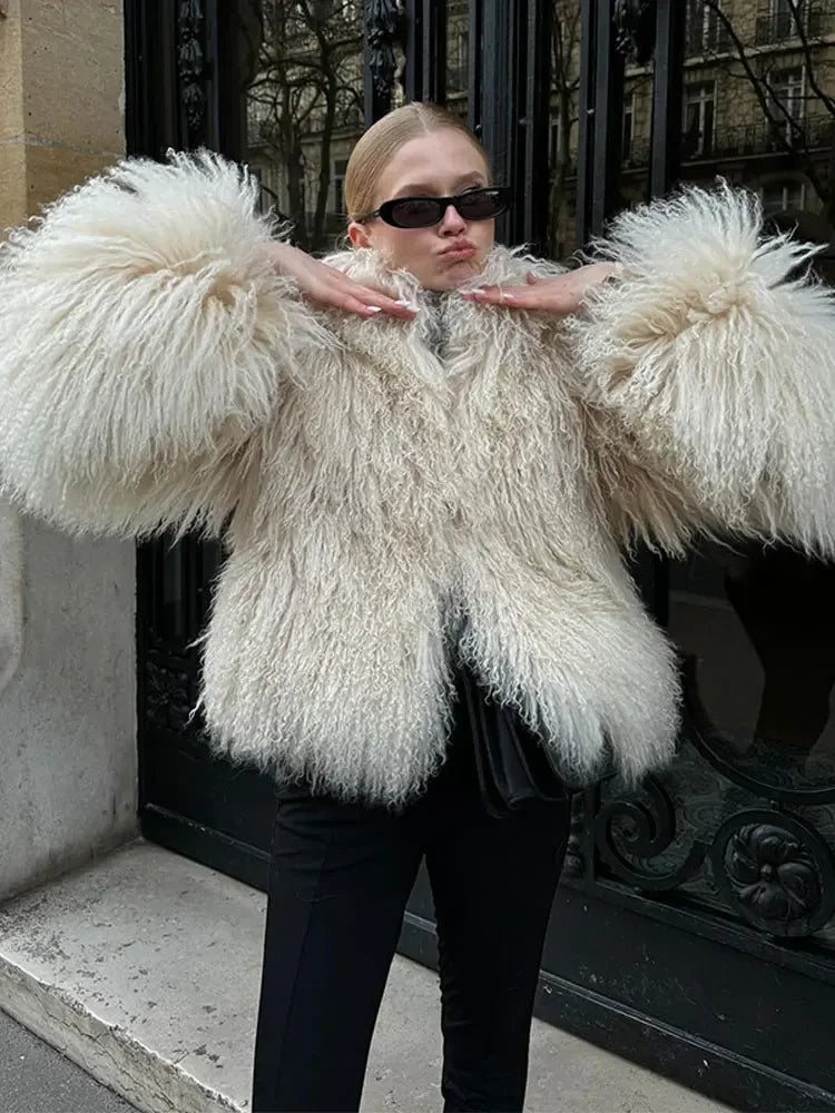 Women's Elegant Long Sleeve Furry Faux Fur Coat with Round Neck