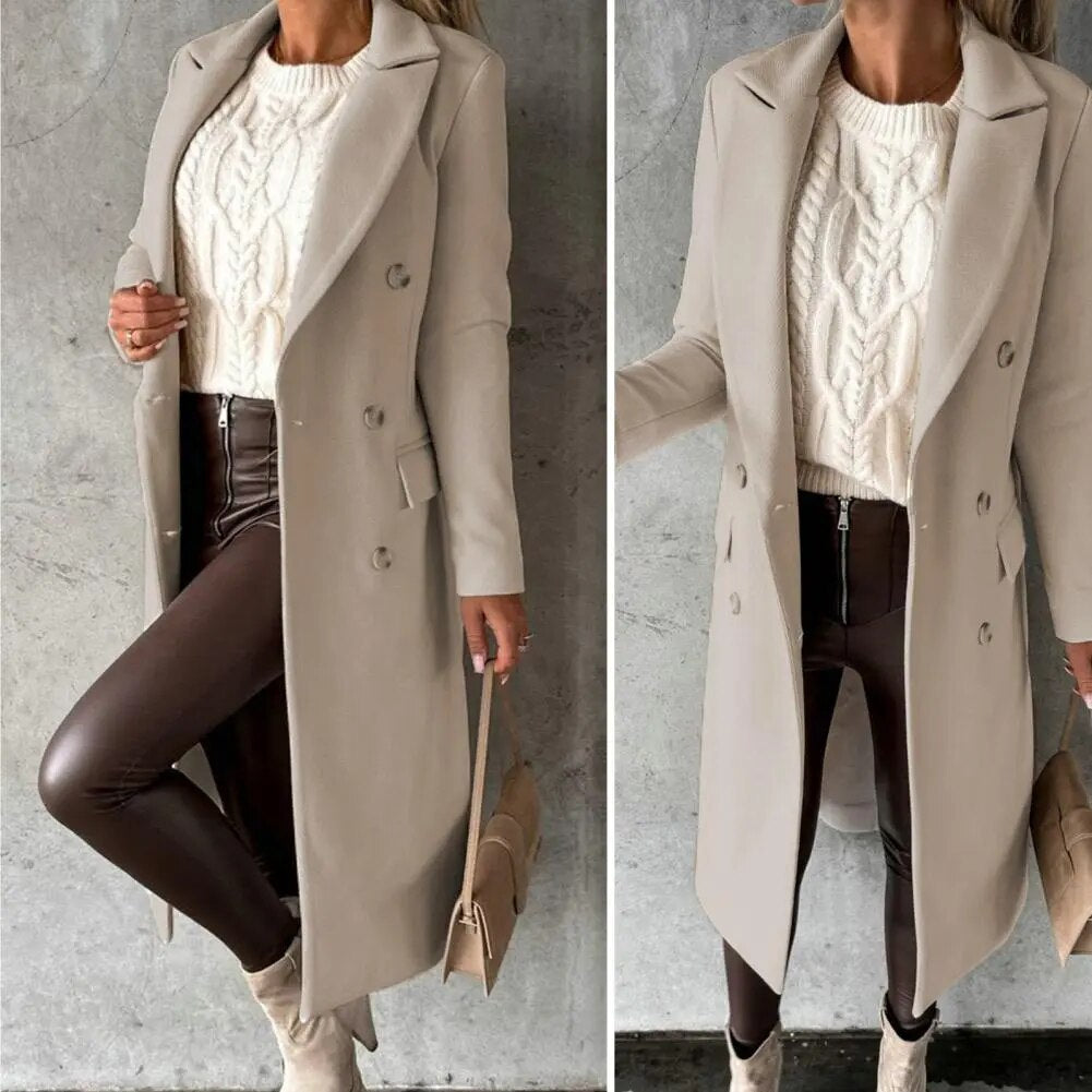 Women's Long Coat - Double Breasted - Tailored Fit - Notched Lapels - Formal Elegant Wear