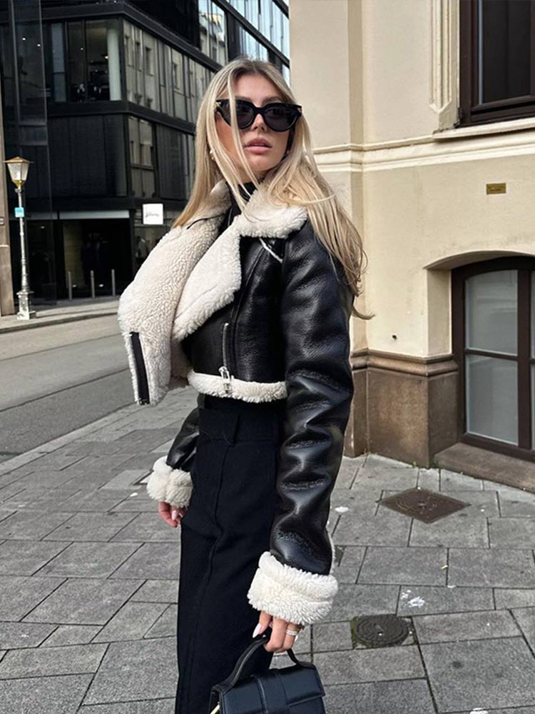 Thick lining leather jacket for women