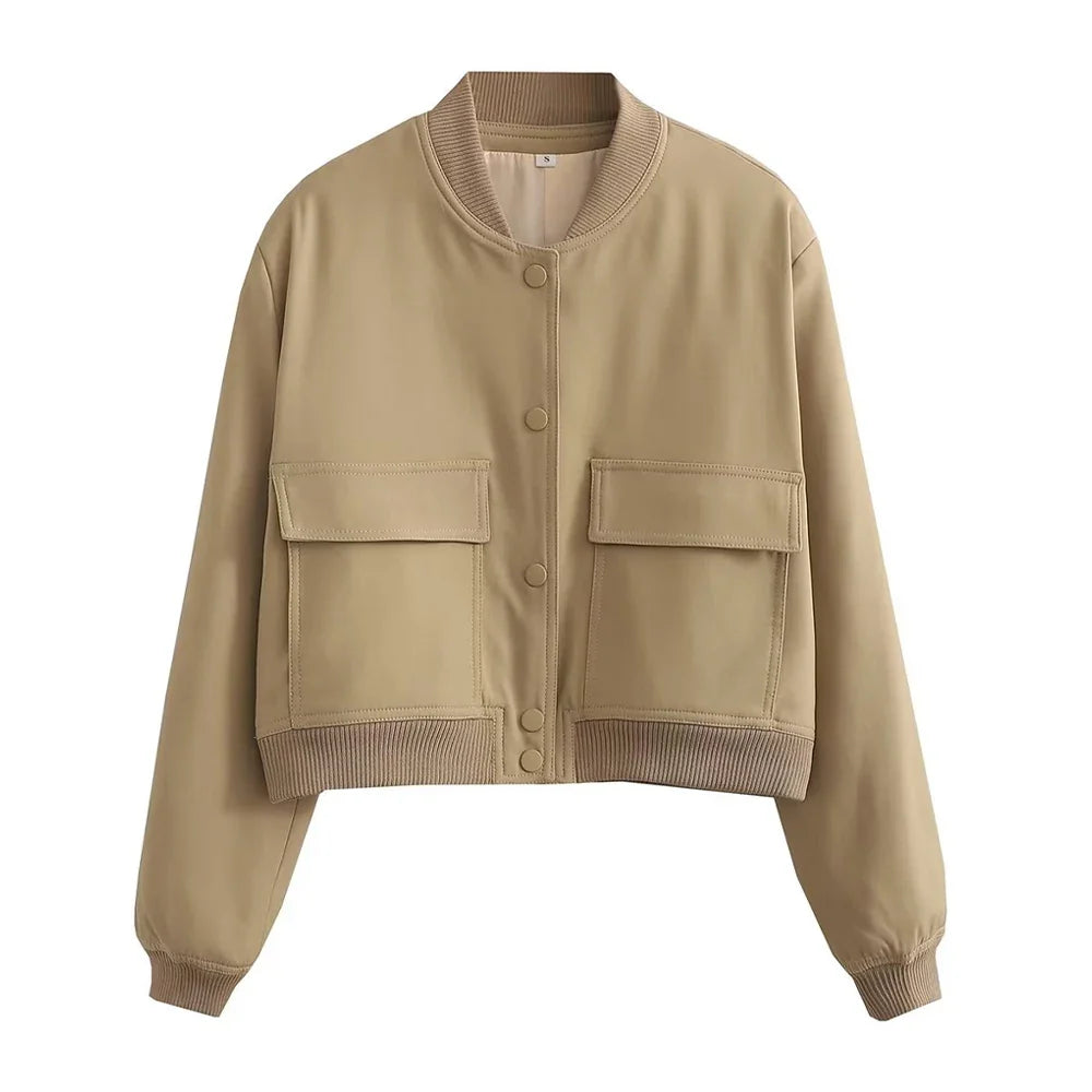 TRAF Long Sleeve Women's Front Button Jacket with Vintage Style and Pockets