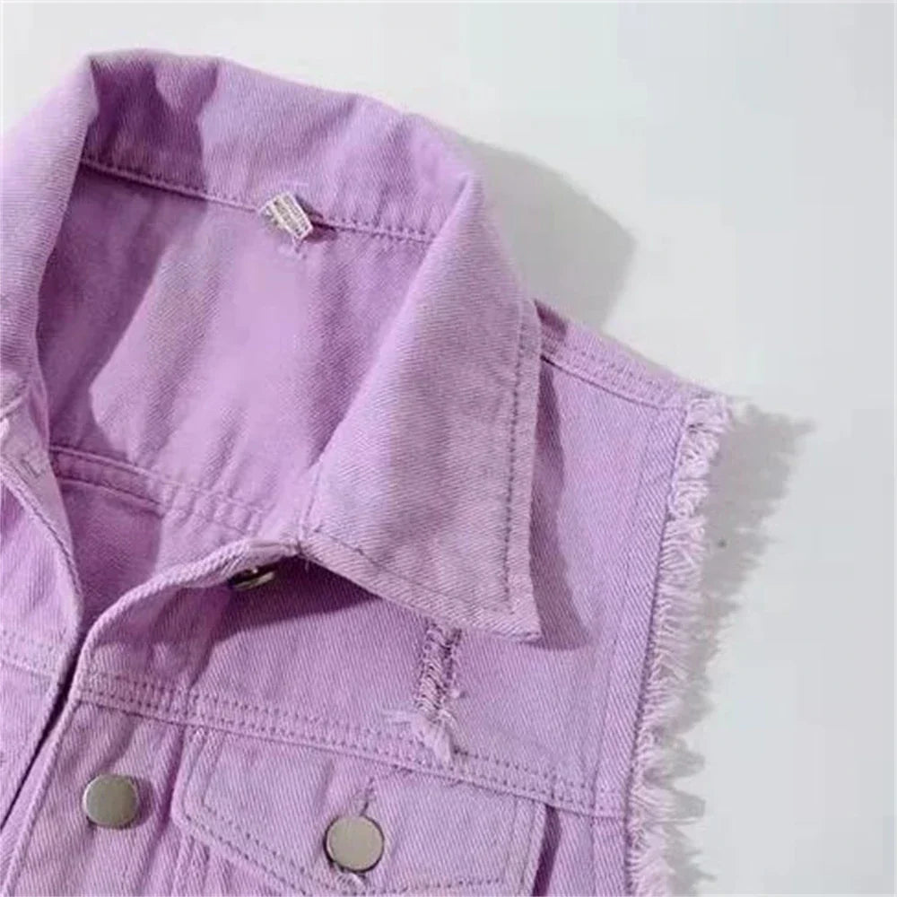 Women's Denim Vest - Sleeveless Frayed Edge - Button-Up - Classic Collar - Casual Fit