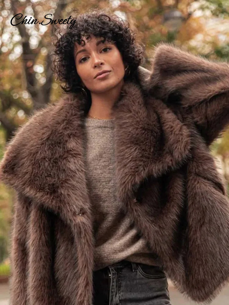 Women's Long Sleeve Faux Fur Coat with Buttons - Thick Warm Turn-Down Collar Fur Jacket